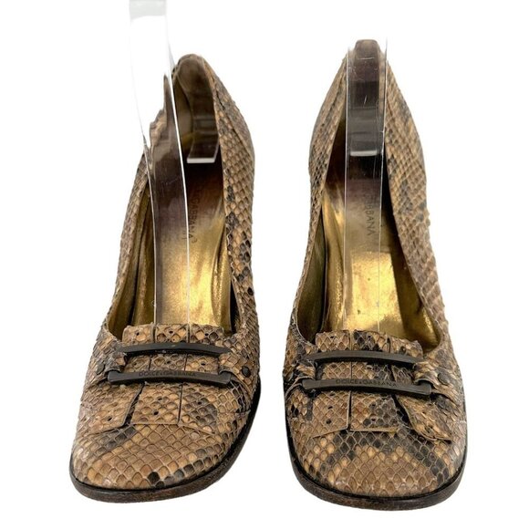 Dolce and Gabbana Brown Python Snakeskin Square Toe Kiltie Pumps Size 38 Heels - Picture 5 of 11